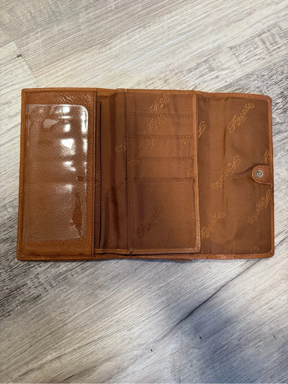 Fossil Brown Leather Trifold Pop Stitch Logo Checkbook Style Wallet